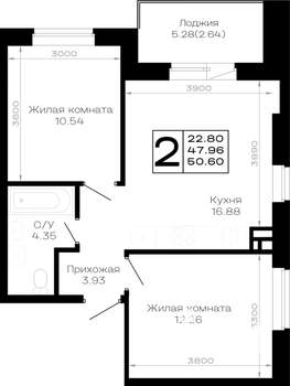 2-к квартира, строящийся дом, 51м2, 2/4 этаж