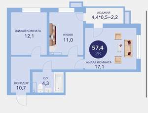 2-к квартира, вторичка, 59м2, 6/16 этаж
