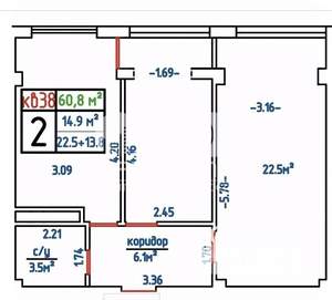 2-к квартира, вторичка, 61м2, 2/3 этаж