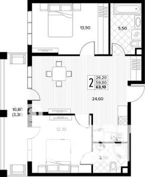 2-к квартира, строящийся дом, 63м2, 1/8 этаж