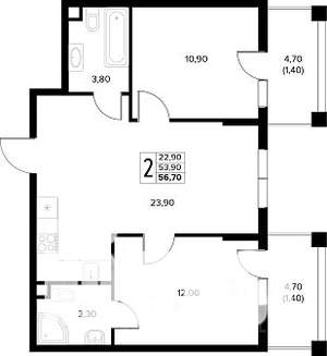 2-к квартира, строящийся дом, 57м2, 1/8 этаж
