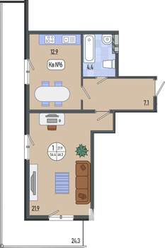 1-к квартира, вторичка, 54м2, 1/7 этаж
