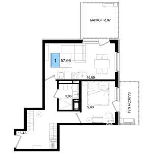 1-к квартира, вторичка, 58м2, 4/9 этаж