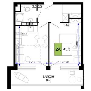2-к квартира, строящийся дом, 45м2, 6/9 этаж