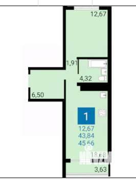 1-к квартира, вторичка, 46м2, 13/16 этаж