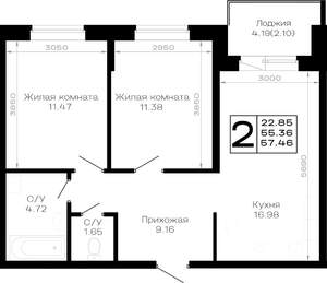 2-к квартира, строящийся дом, 57м2, 4/4 этаж