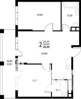 2-к квартира, строящийся дом, 62м2, 5/8 этаж