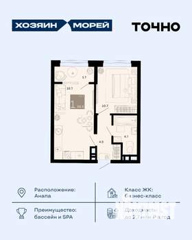 1-к квартира, вторичка, 38м2, 6/9 этаж