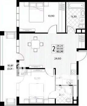 2-к квартира, строящийся дом, 62м2, 5/8 этаж