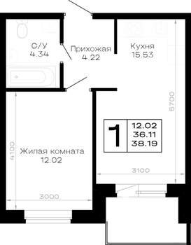 1-к квартира, строящийся дом, 38м2, 4/4 этаж
