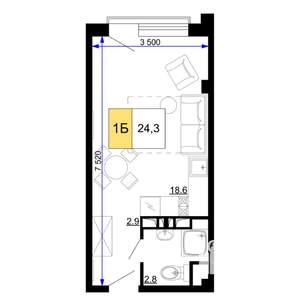 1-к квартира, вторичка, 24м2, 2/9 этаж