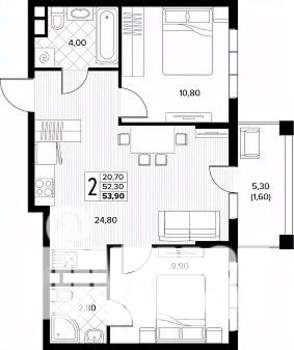 2-к квартира, строящийся дом, 54м2, 3/8 этаж