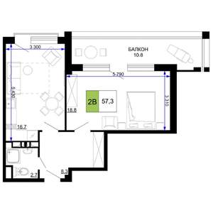 2-к квартира, строящийся дом, 57м2, 6/9 этаж