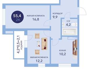 2-к квартира, вторичка, 55м2, 13/16 этаж