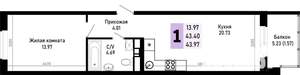 1-к квартира, строящийся дом, 45м2, 2/4 этаж