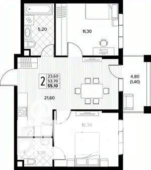 2-к квартира, строящийся дом, 55м2, 1/8 этаж