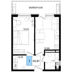 1-к квартира, вторичка, 45м2, 8/9 этаж