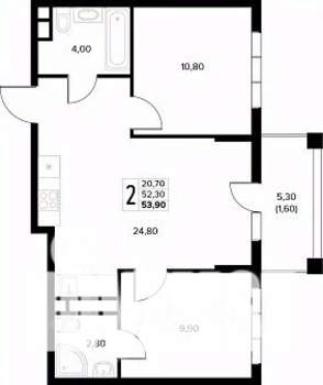 2-к квартира, строящийся дом, 54м2, 3/8 этаж