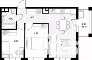 2-к квартира, строящийся дом, 53м2, 2/8 этаж