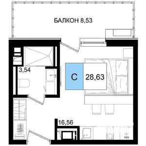 1-к квартира, строящийся дом, 29м2, 7/8 этаж