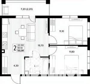 2-к квартира, строящийся дом, 53м2, 1/8 этаж