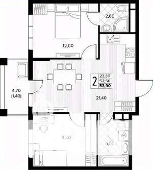 2-к квартира, строящийся дом, 54м2, 3/8 этаж