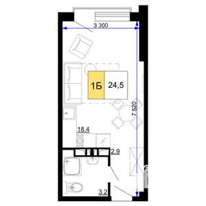 1-к квартира, строящийся дом, 25м2, 7/9 этаж
