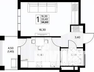 1-к квартира, вторичка, 35м2, 8/8 этаж