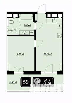 1-к квартира, вторичка, 55м2, 7/9 этаж