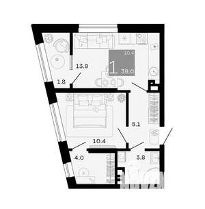 1-к квартира, вторичка, 39м2, 3/12 этаж