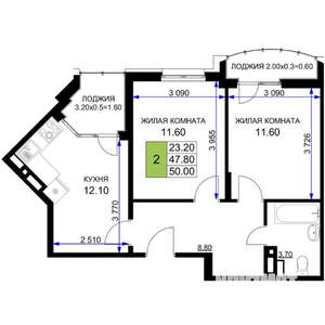 2-к квартира, строящийся дом, 50м2, 11/12 этаж