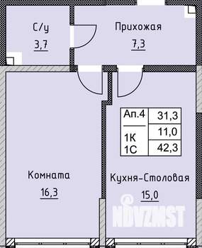1-к квартира, строящийся дом, 42м2, 1/4 этаж