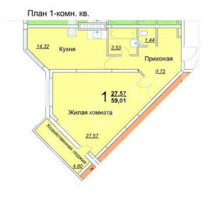 1-к квартира, вторичка, 59м2, 3/13 этаж