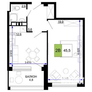 2-к квартира, вторичка, 46м2, 6/9 этаж