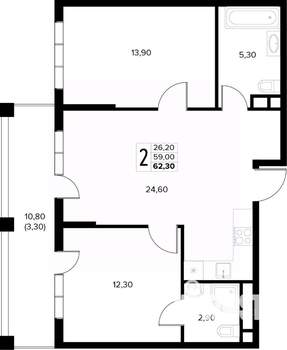 2-к квартира, вторичка, 62м2, 6/8 этаж