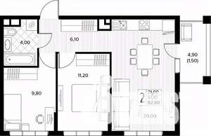 2-к квартира, строящийся дом, 53м2, 4/8 этаж