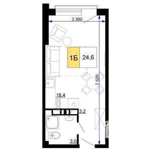 1-к квартира, строящийся дом, 25м2, 6/9 этаж