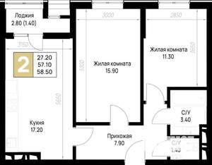 2-к квартира, строящийся дом, 59м2, 3/12 этаж