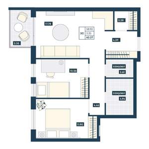 2-к квартира, вторичка, 62м2, 8/9 этаж