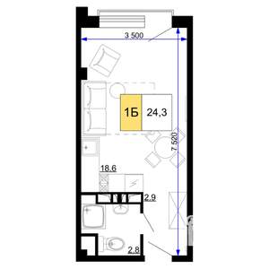 1-к квартира, строящийся дом, 24м2, 6/9 этаж