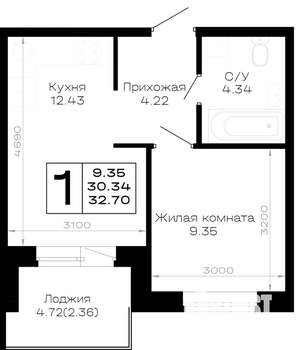 1-к квартира, вторичка, 33м2, 4/4 этаж