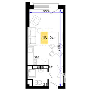 1-к квартира, строящийся дом, 24м2, 3/9 этаж