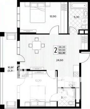 2-к квартира, вторичка, 62м2, 2/8 этаж