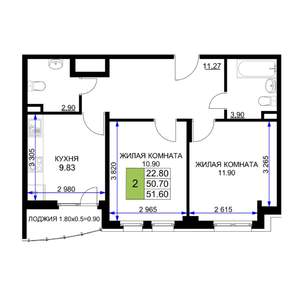 2-к квартира, вторичка, 52м2, 7/12 этаж