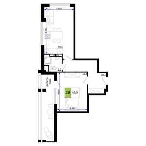 2-к квартира, строящийся дом, 59м2, 4/9 этаж