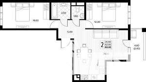 2-к квартира, строящийся дом, 64м2, 2/8 этаж