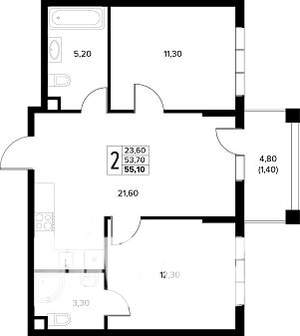2-к квартира, строящийся дом, 55м2, 1/8 этаж