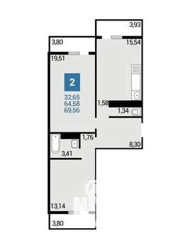2-к квартира, вторичка, 65м2, 2/16 этаж