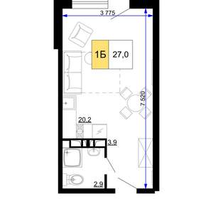 1-к квартира, вторичка, 27м2, 2/9 этаж