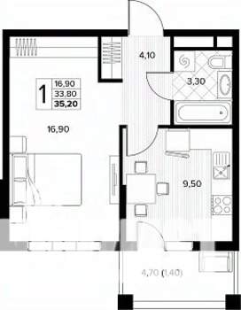 1-к квартира, строящийся дом, 35м2, 4/8 этаж